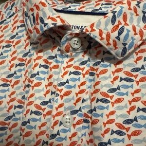Johnston & Murphy Performance Red Blue Fish Shirt Men’s medium EUC